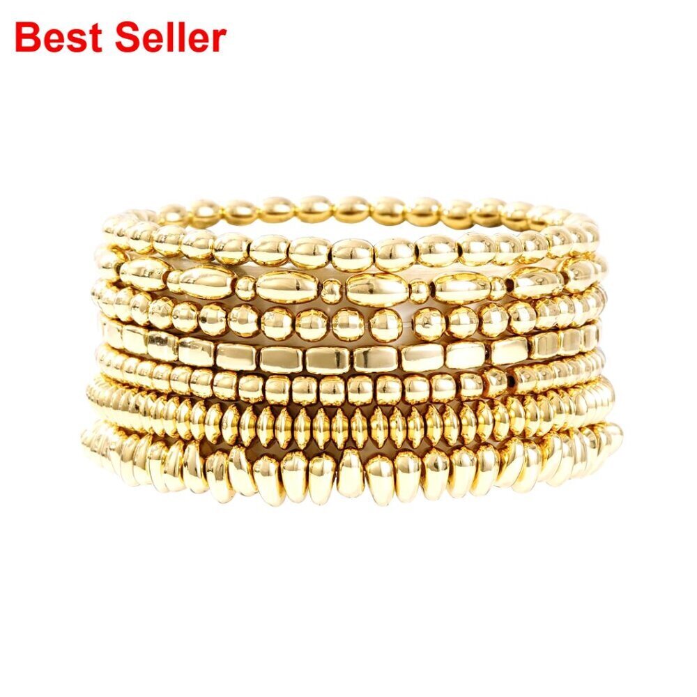 14K Gold Plated Beaded Stretch Bracelets Set Stackable Hypoallergenic